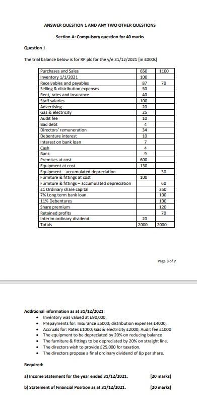 Question 1 ANSWER QUESTION 1 AND ANY TWO OTHER QUESTIONS Section A: