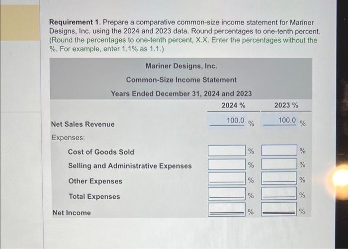 Requirement 1. Prepare a comparative common-size income statement for Mariner Designs, Inc.