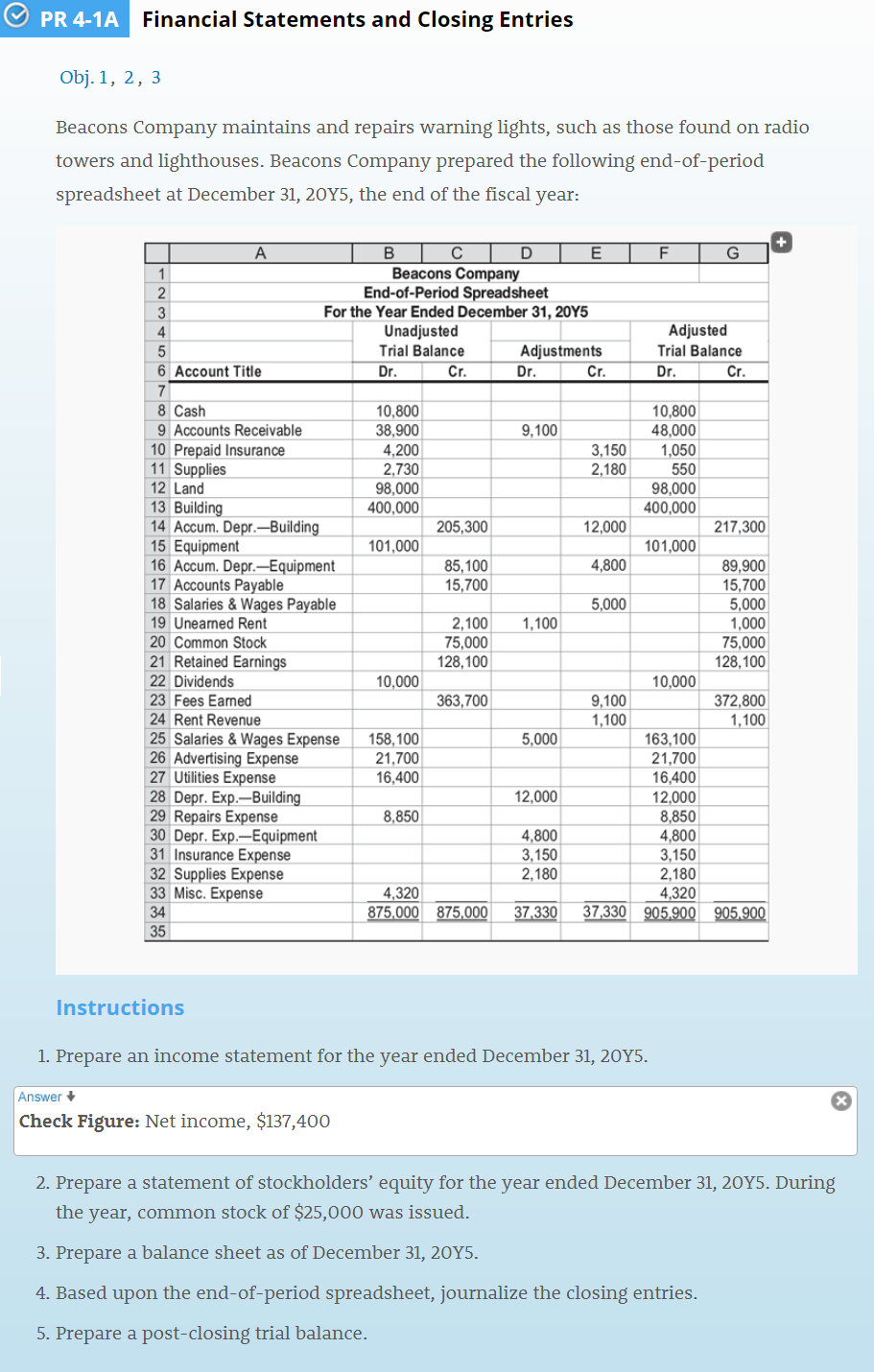 PR 4-1A Financial Statements and Closing Entries Obj. 1, 2, 3 Beacons