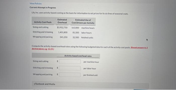 View Policies Current Attempt in Progress Lily, Inc. uses activity-based costing as