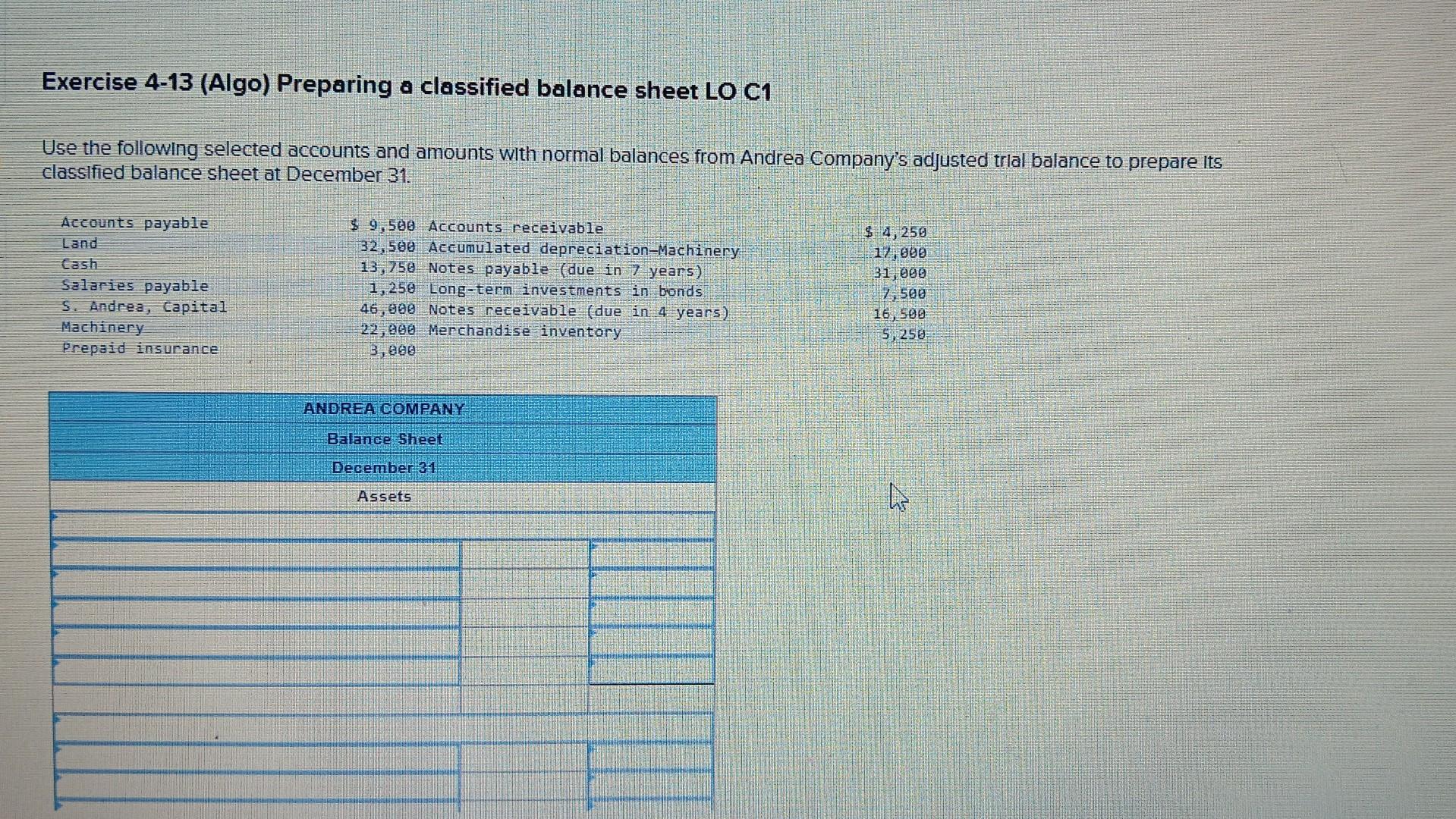 Exercise 4-13 (Algo) Preparing a classified balance sheet LO C1 Use the
