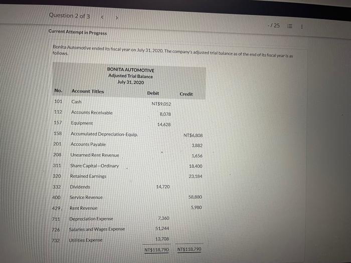 Question 2 of 3 K > -125 E Current Attempt in Progress