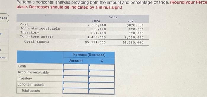 25:38 k ces Perform a horizontal analysis providing both the amount and