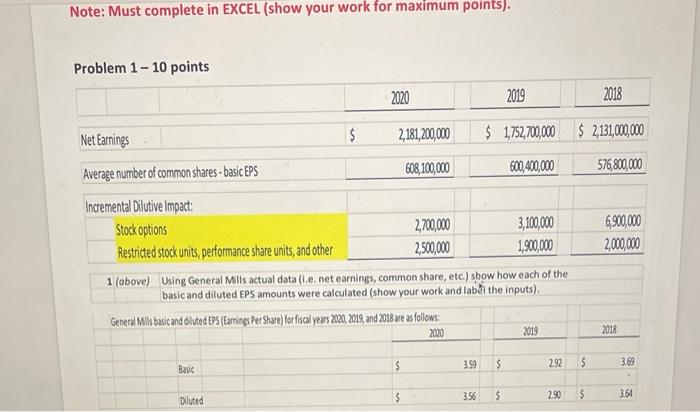 Note: Must complete in EXCEL (show your work for maximum points). Problem