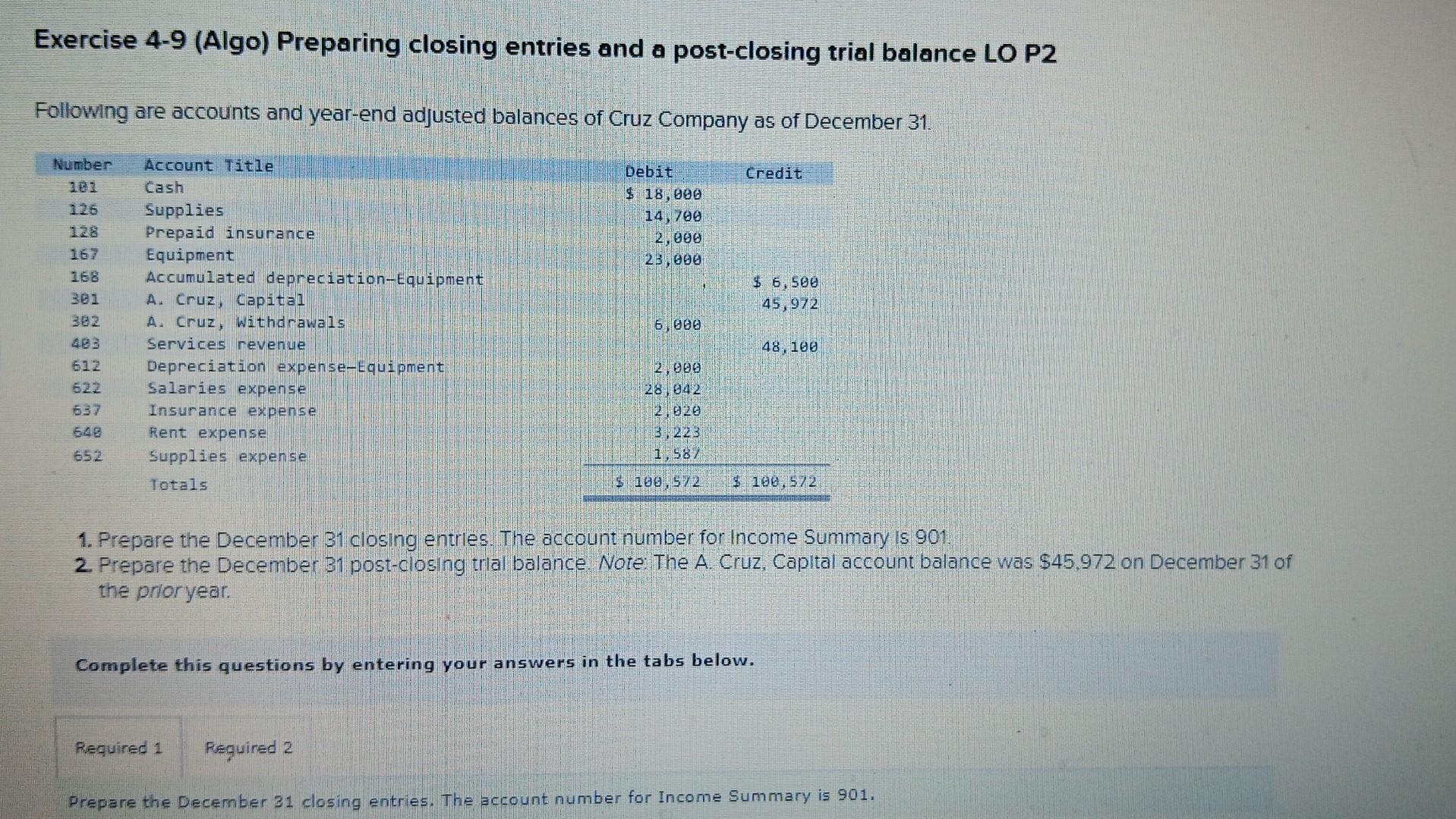 Exercise 4-9 (Algo) Preparing closing entries and a post-closing trial balance LO
