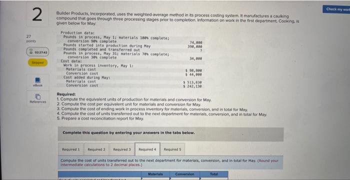 Cooking, is given below for May Production data: Pounds in process, May