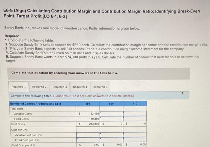 E6-5 (Algo) Calculating Contribution Margin and Contribution Margin Ratio; Identifying Break-Even Point,