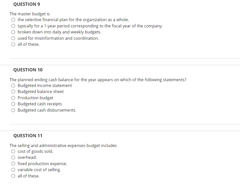 QUESTION 9 The master budget is O the selective financial plan for