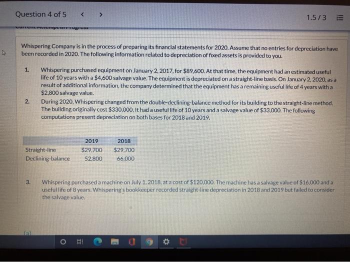 Question 4 of 5 < > 1.5/3 E 4 Whispering Company is