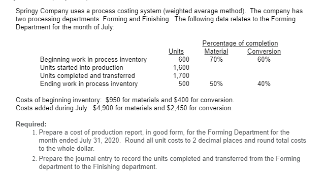 Springy Company uses a process costing system (weighted average method). The company