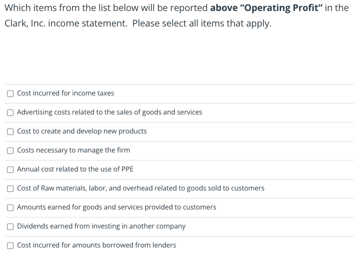 Which items from the list below will be reported above "Operating Profit"