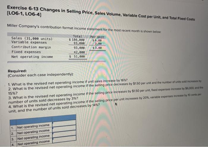 Exercise 6-13 Changes in Selling Price, Sales Volume, Variable Cost per Unit,