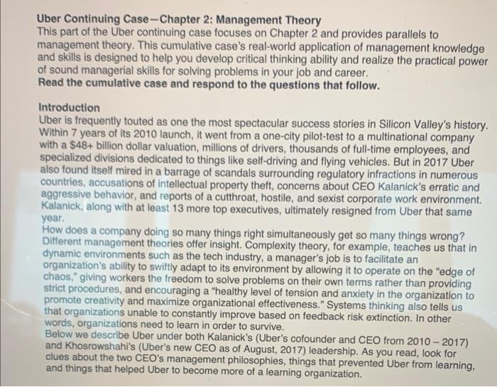 Uber Continuing Case-Chapter 2: Management Theory This part of the Uber continuing