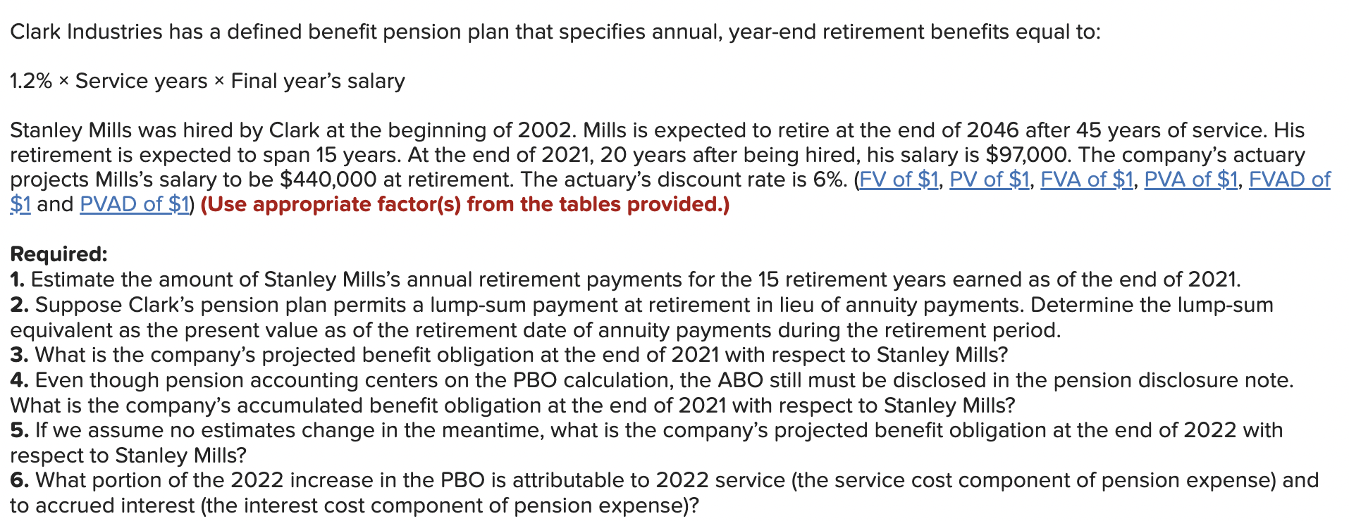 Clark Industries has a defined benefit pension plan that specifies annual, year-end