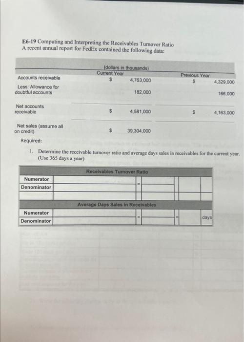 E6-19 Computing and Interpreting the Receivables Tumover Ratio A recent annual report