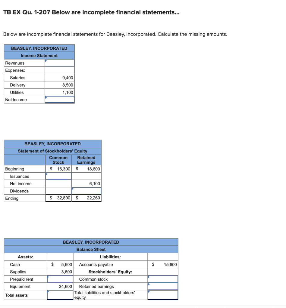 TB EX Qu. 1-207 Below are incomplete financial statements... Below are incomplete