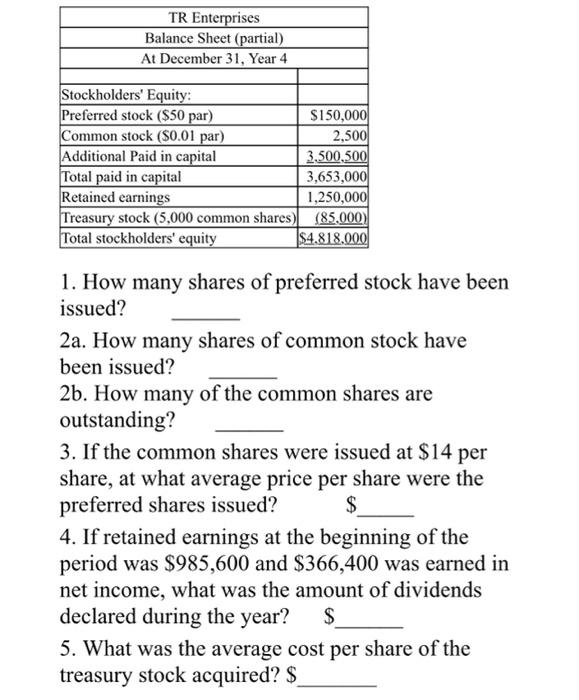 TR Enterprises Balance Sheet (partial) At December 31, Year 4 Stockholders' Equity: