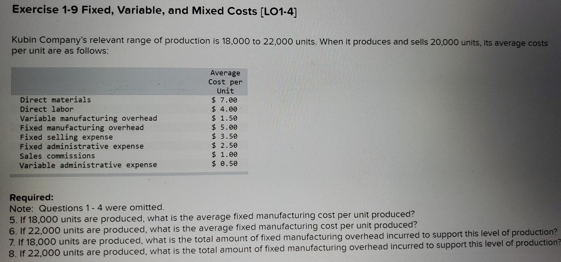 Exercise 1-9 Fixed, Variable, and Mixed Costs [LO1-4] Kubin Company's relevant range