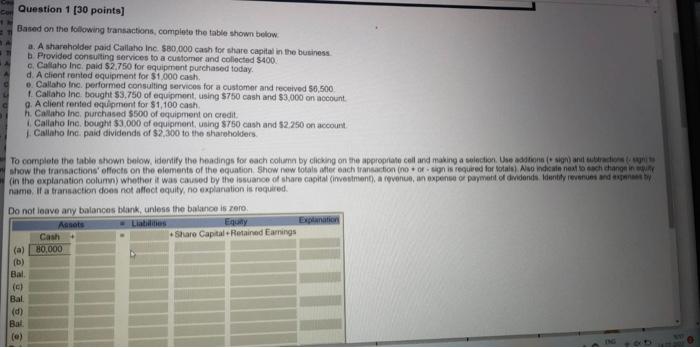 A Question 1 [30 points] Based on the following transactions, complete the