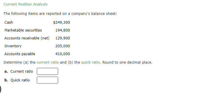 Current Position Analysis The following items are reported on a company's balance