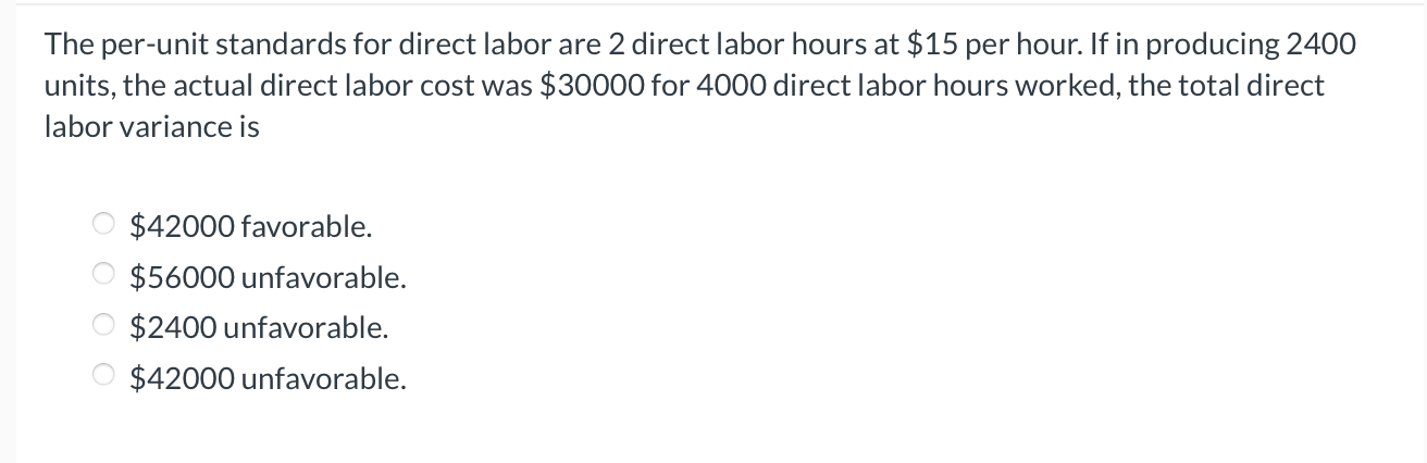 The per-unit standards for direct labor are 2 direct labor hours at