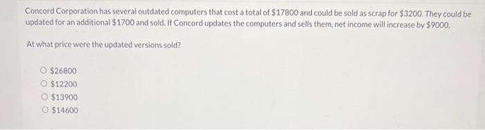 Concord Corporation has several outdated computers that cost a total of $17800