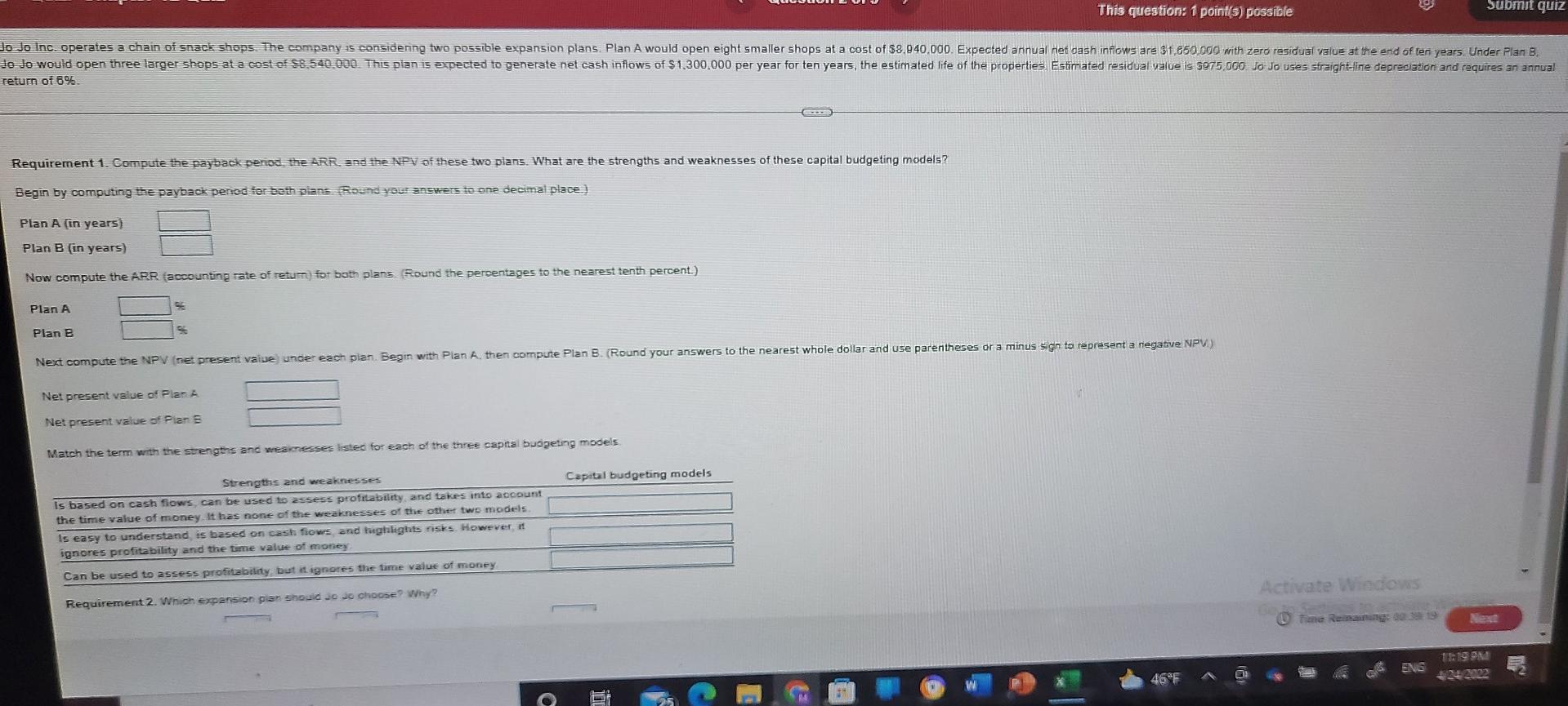 This question: 1 point(s) possible Submit quiz Jo Jo Inc. operates a