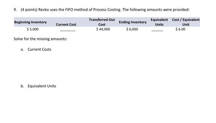 9. (4 points) Revko uses the FIFO method of Process Costing. The