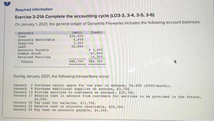 Required information Exercise 3-21A Complete the accounting cycle (LO3-3, 3-4, 3-5, 3-6)