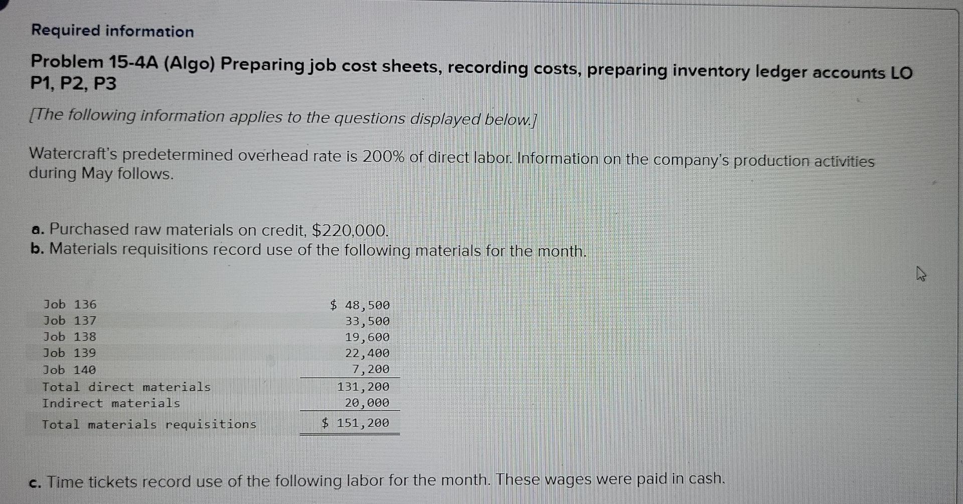 Required information Problem 15-4A (Algo) Preparing job cost sheets, recording costs, preparing