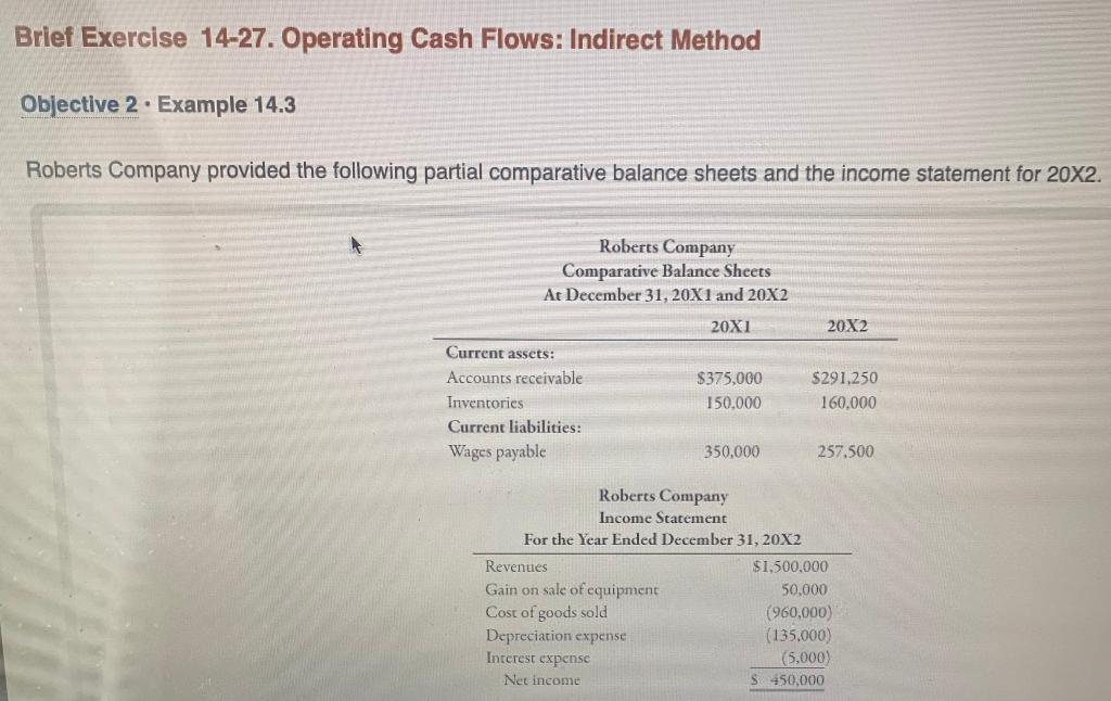Brief Exercise 14-27. Operating Cash Flows: Indirect Method Objective 2 Example 14.3