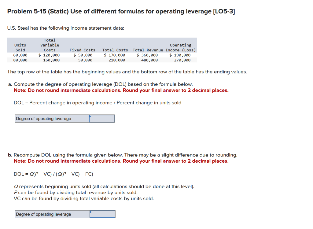 Problem 5-15 (Static) Use of different formulas for operating leverage [LO5-3] U.S.