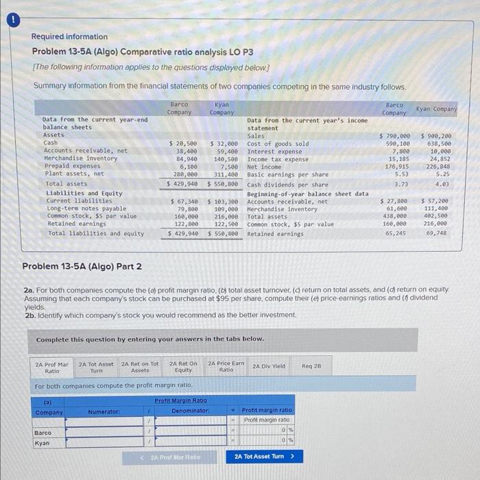 Required information Problem 13-5A (Algo) Comparative ratio analysis LO P3 [The following