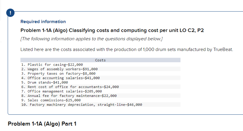 Required information Problem 1-1A (Algo) Classifying costs and computing cost per unit