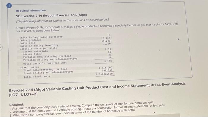 Required information: SB Exercise 7-14 through Exercise 7-15 (Algo) [The following information