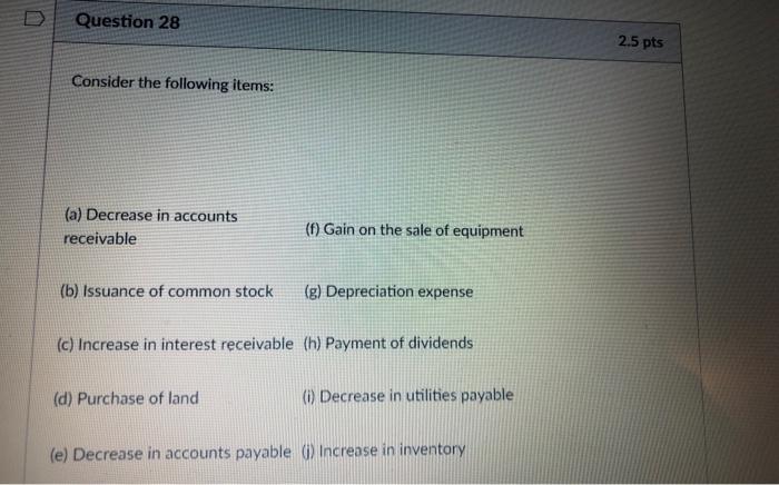 Question 28 Consider the following items: (a) Decrease in accounts receivable (f)