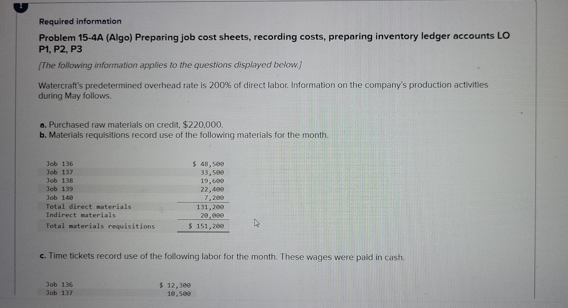 Required information Problem 15-4A (Algo) Preparing job cost sheets, recording costs, preparing