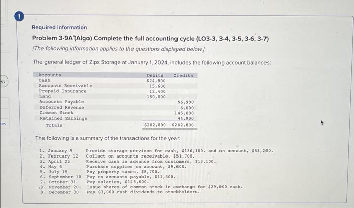 52 es Required information Problem 3-9A Algo) Complete the full accounting cycle