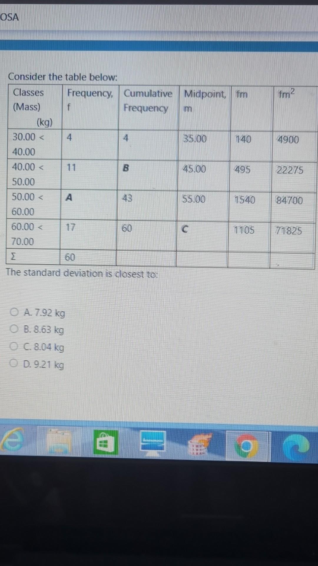 OSA Classes Frequency, Consider the table below: Cumulative Midpoint, fm fm2 (Mass)