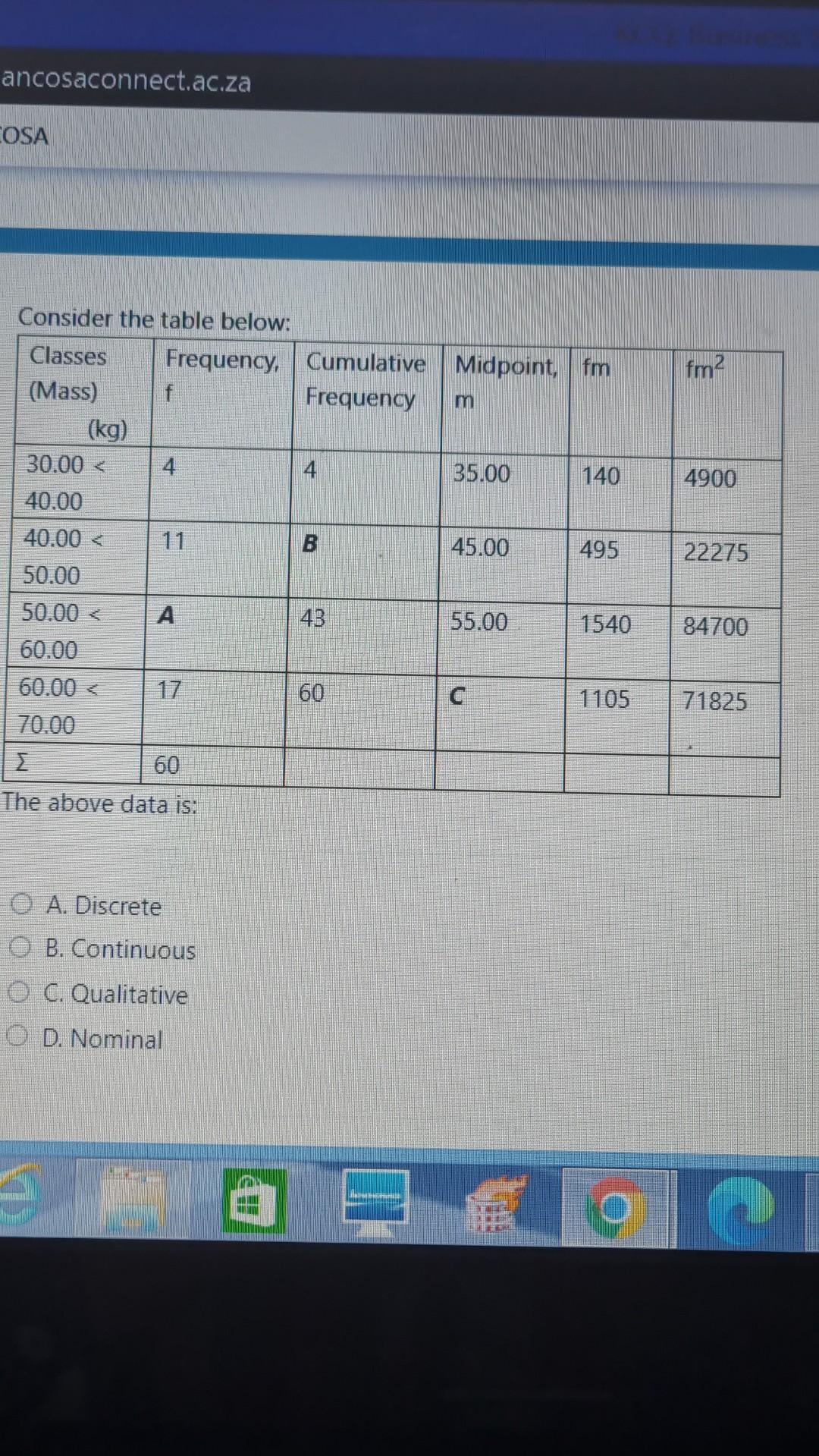 ancosaconnect.ac.za COSA Consider the table below: Classes Frequency, Cumulative Midpoint, fm fm2