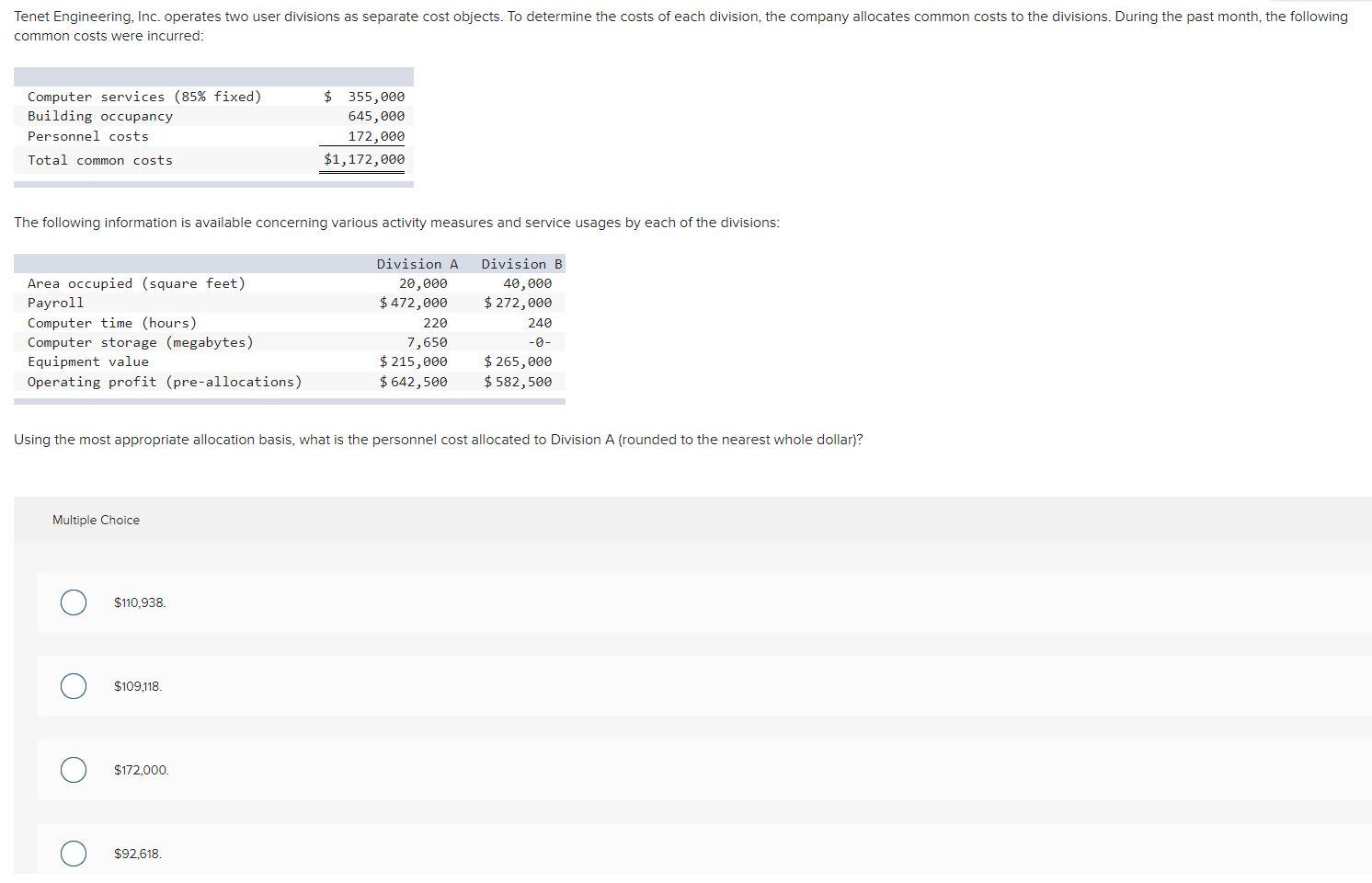 Tenet Engineering, Inc. operates two user divisions as separate cost objects. To