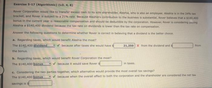 Exercise S-17 (Algorithmic) (LO. 4, 8) Rover Corporation would like to transfer