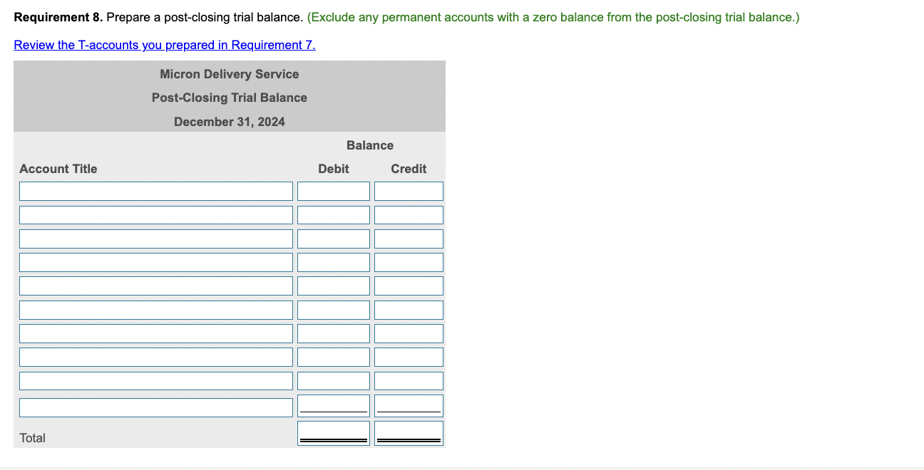 Requirement 8. Prepare a post-closing trial balance. (Exclude any permanent accounts with