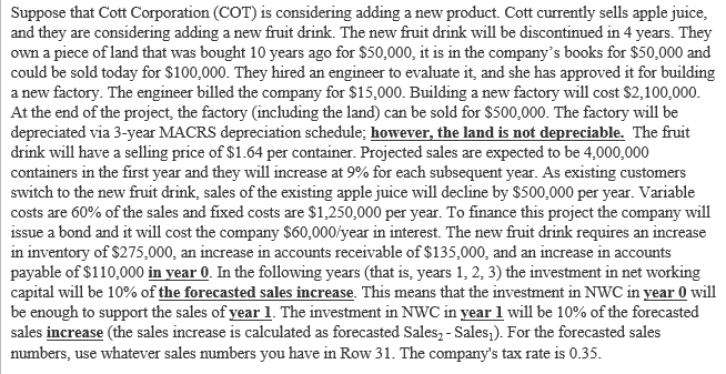 Suppose that Cott Corporation (COT) is considering adding a new product. Cott