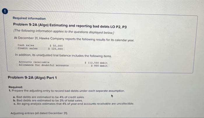 Required information Problem 9-2A (Algo) Estimating and reporting bad debts LO P2,