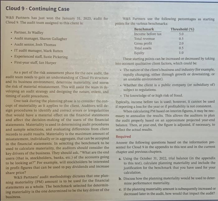 Cloud 9 - Continuing Case W&S Partners has just won the January