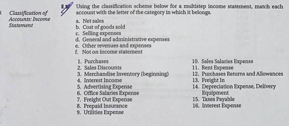 5 Classification of Accounts: Income Statement Using the classification scheme below for