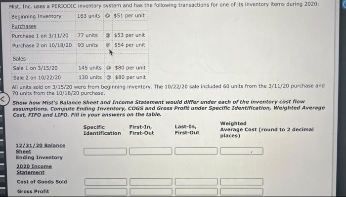 Mist, Inc. uses a PERIODIC inventory system and has the following transactions