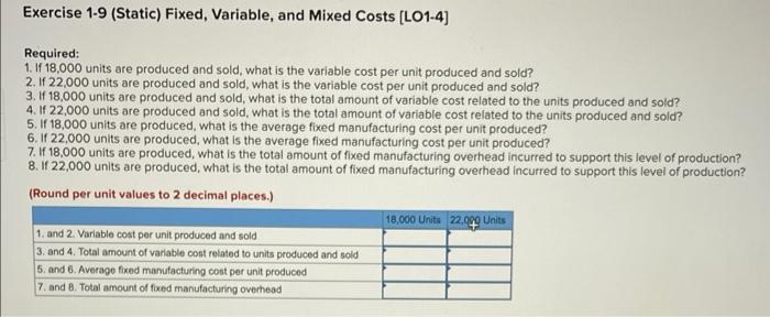 Exercise 1-9 (Static) Fixed, Variable, and Mixed Costs [LO1-4] Required: 1. If