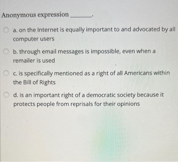 Anonymous expression a. on the Internet is equally important to and advocated